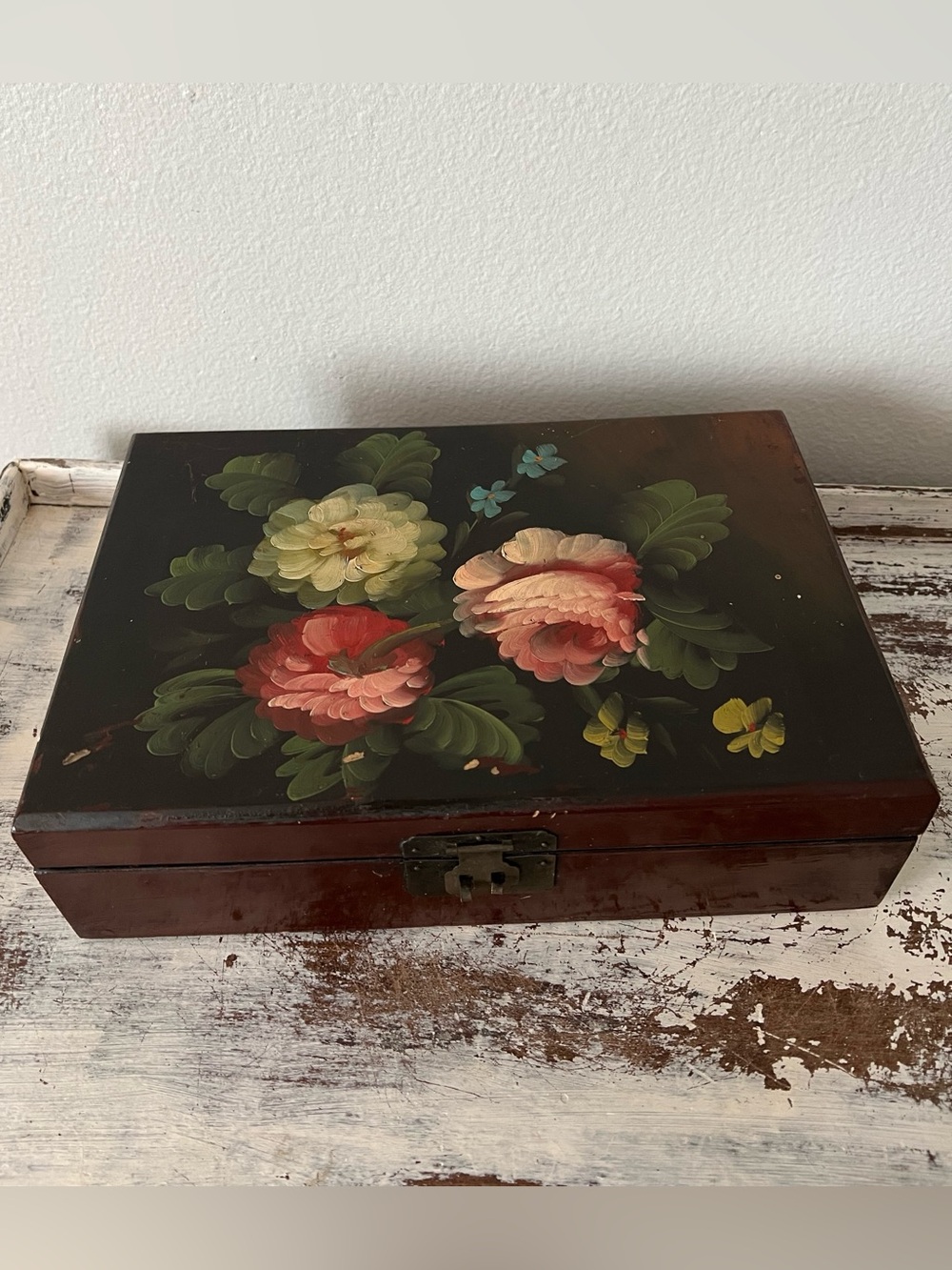 Vintage Large Wood Hand Painted Floral Art Jewelry Stationary Trinket Box